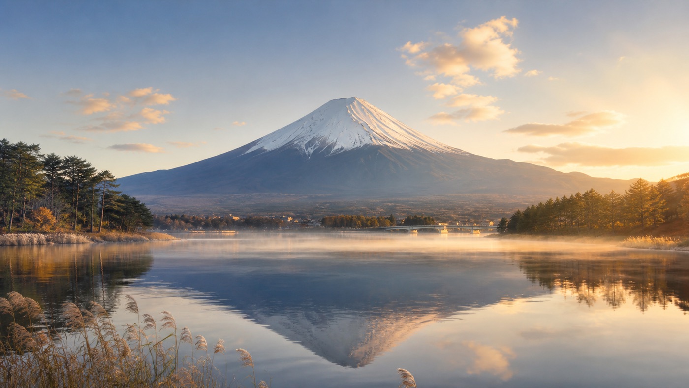 朝の湖に映る富士山