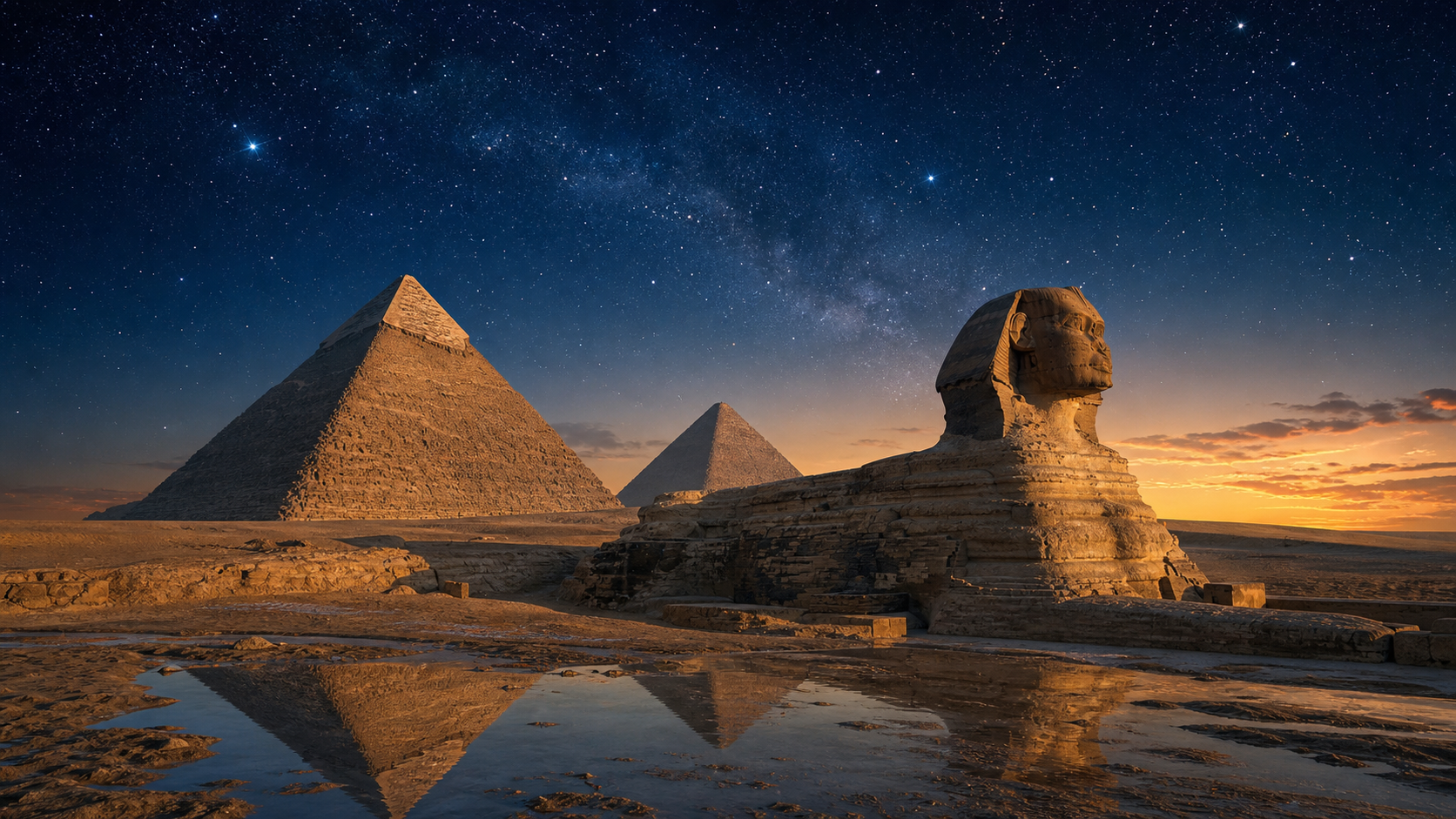 砂漠のピラミッドと星空、遠くに水の記憶を思わせる青い光