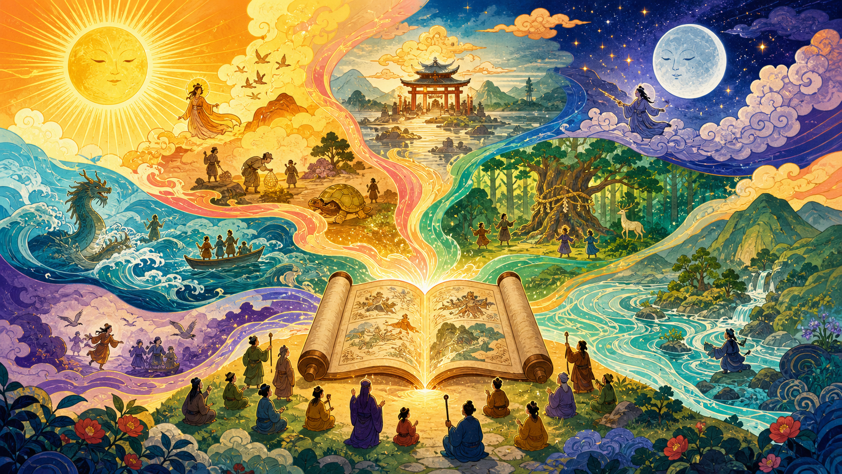 古い巻物から太陽、月、海、森、地域の物語が色鮮やかに広がるイラスト