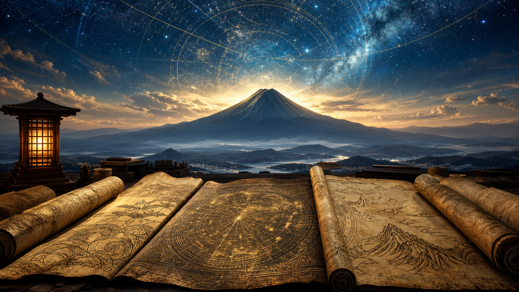 宇宙図と古代文字が描かれた巻物
